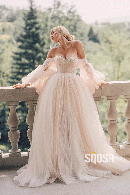 Unique Bat Sleeves Off-the-Shoulder Modest Tulle Rustic Wedding Dress QW0865|SQOSA