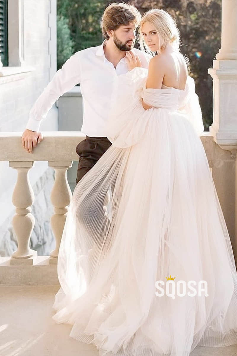 Unique Bat Sleeves Off-the-Shoulder Modest Tulle Rustic Wedding Dress QW0865|SQOSA