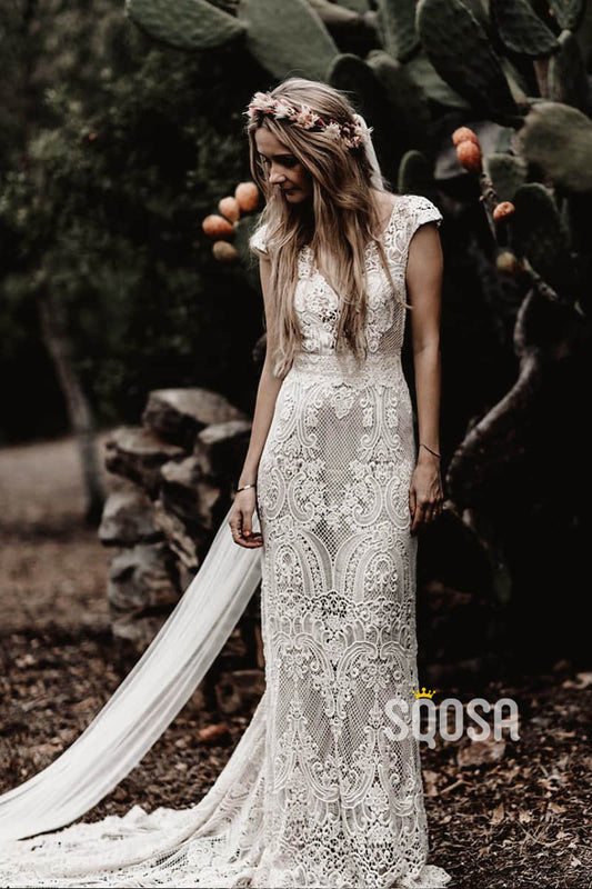 Exquisite Lace Cap Sleeves V-neck Sheath/Column Bohemain Wedding Dress QW0872|SQOSA