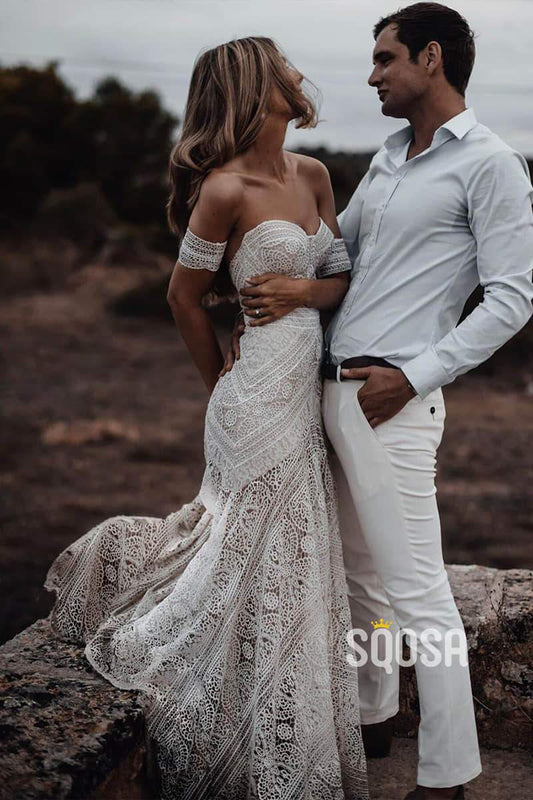 Mermaid Wedding Dress Sweetheart Lace Bohemain Wedding Dress Rustic Wedding Gowns QW0877|SQOSA