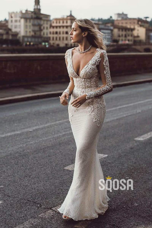 Attractive Deep V-neck Illusion Long Sleeve Appliques Lace Mermaid Wedding Dress QW0882|SQOSA