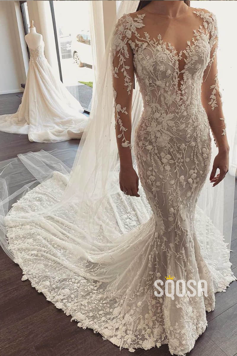 Mermaid Wedding Dress Illusion Long Sleeve Lace Wedding Dress with Watteau Train QW0885|SQOSA