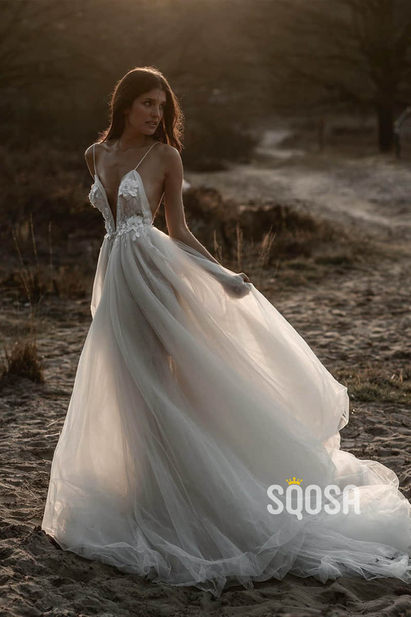 Spaghetti Straps Deep V-necl Appliques A-Line Rustic Wedding Dress QW0887|SQOSA