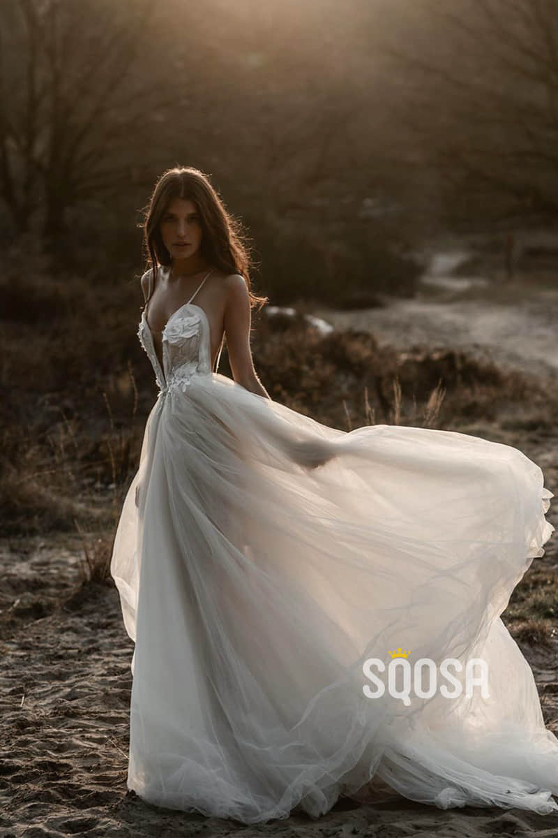 Spaghetti Straps Deep V-necl Appliques A-Line Rustic Wedding Dress QW0887|SQOSA