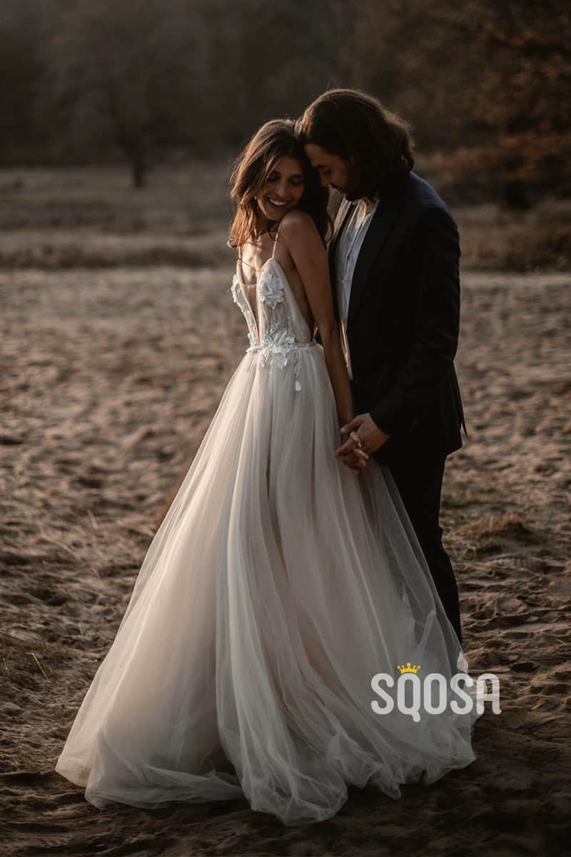 Spaghetti Straps Deep V-necl Appliques A-Line Rustic Wedding Dress QW0887|SQOSA