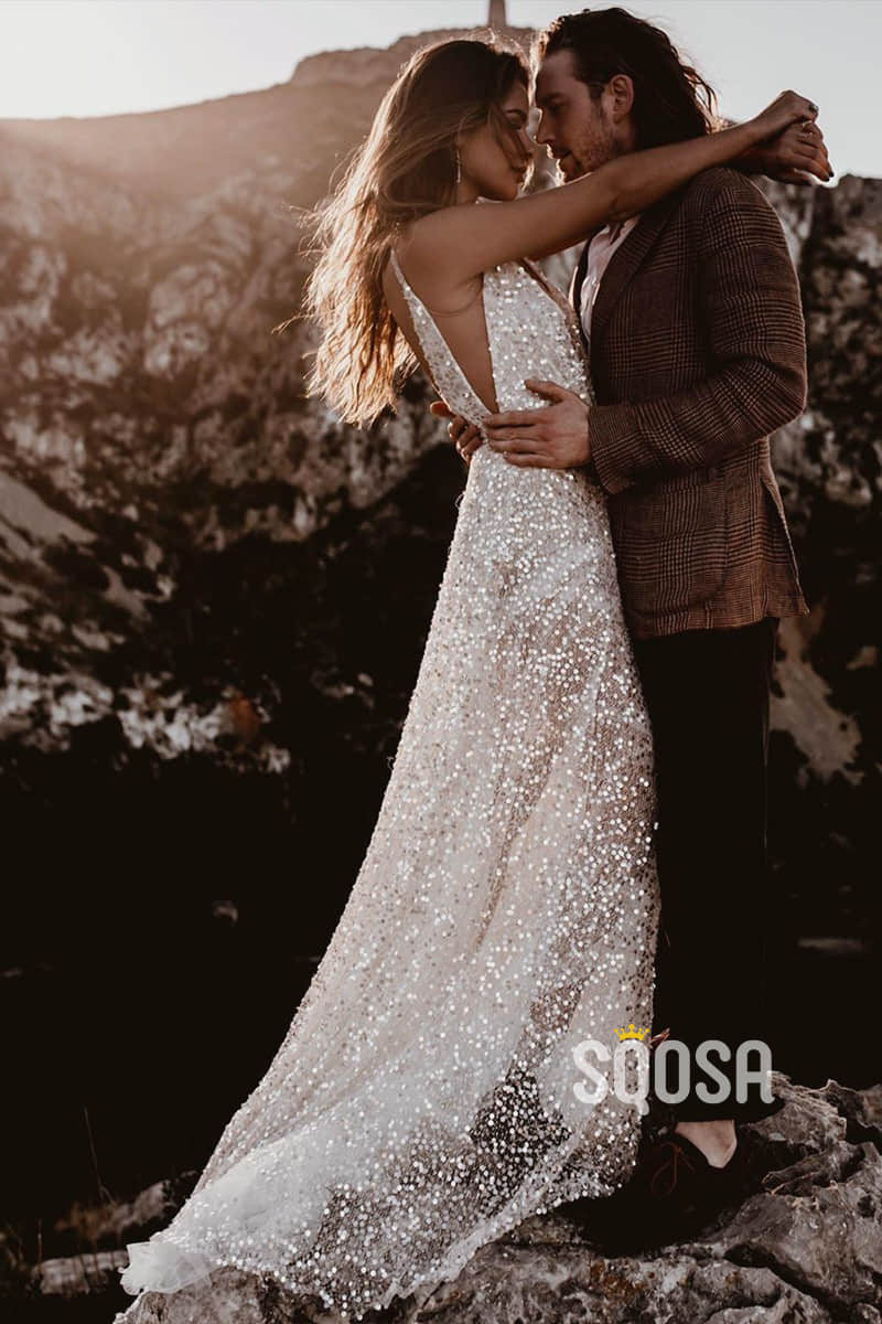 A-Line Sparkle Sequins Sexy V-neck Rustic Wedding Dress Backless QW0890|SQOSA