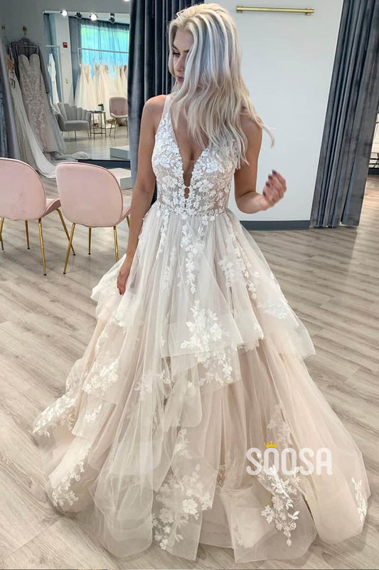 A-Line V-neck Tulle Appliques Pincess Wedding Dress Bridal Gowns QW0929|SQOSA