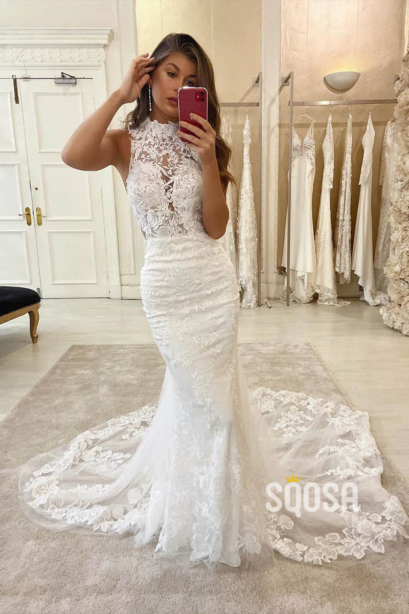 Mermaid Wedding Dress Chic High Neck Lace Wedding Gowns with Court Train QW0948|SQOSA