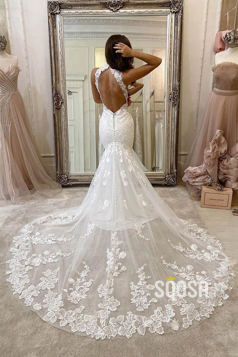 Mermaid Wedding Dress Chic High Neck Lace Wedding Gowns with Court Train QW0948|SQOSA