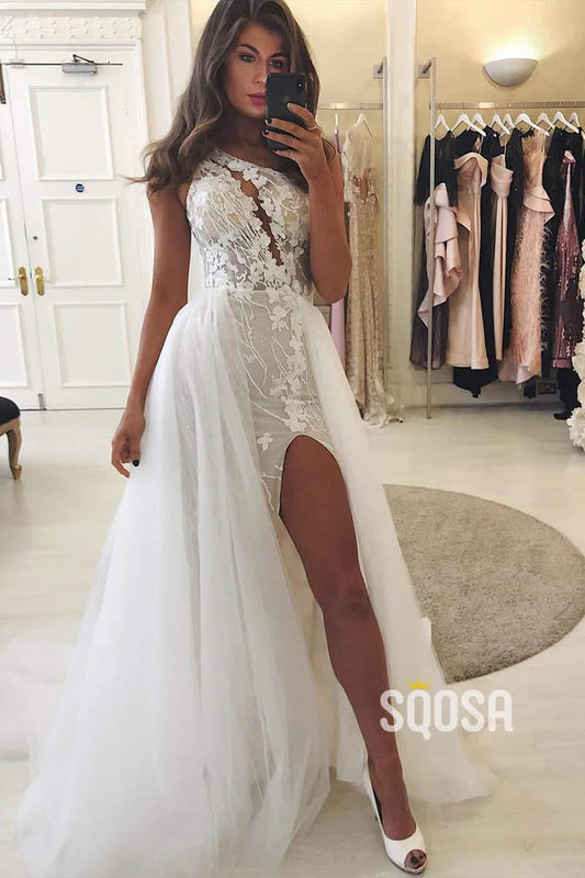 Sheath/Column Wedding Dress One Shoulder Chic Applqiues Wedding Gowns with Slit QW0951|SQOSA