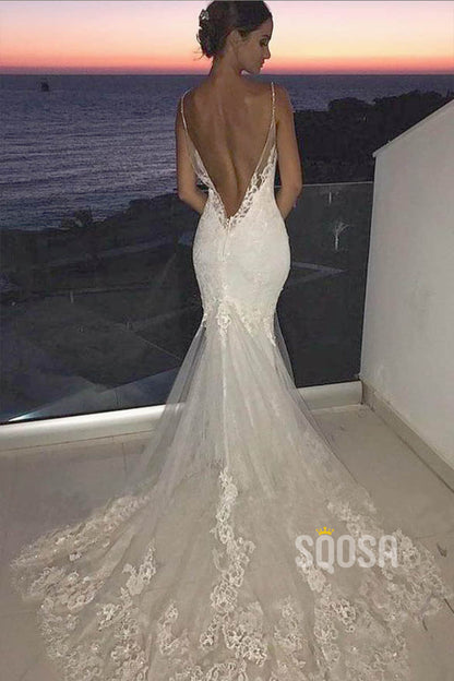 Chic Spaghetti Straps V-neck Lace Wedding Dress Backless Mermaid Wedding Gowns QW2092|SQOSA