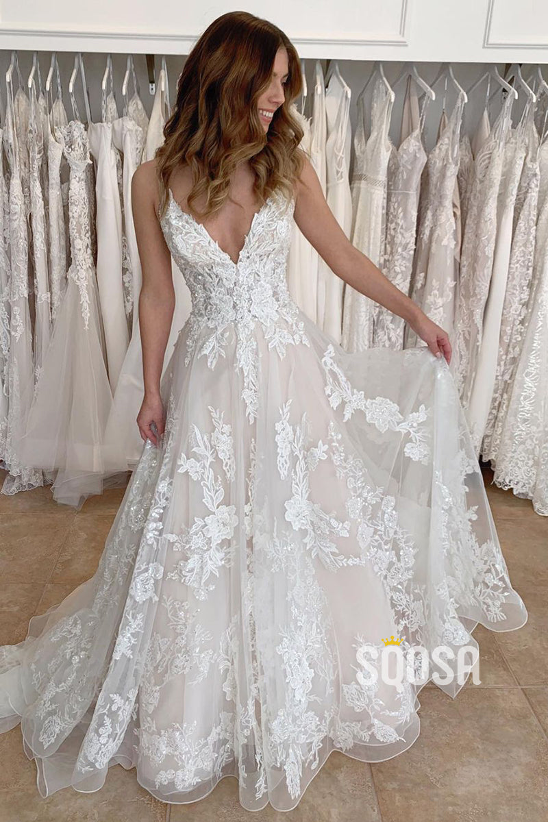 A-line V-neck Tulle Appliques Rustic Wedding Dress QW2698|SQOSA