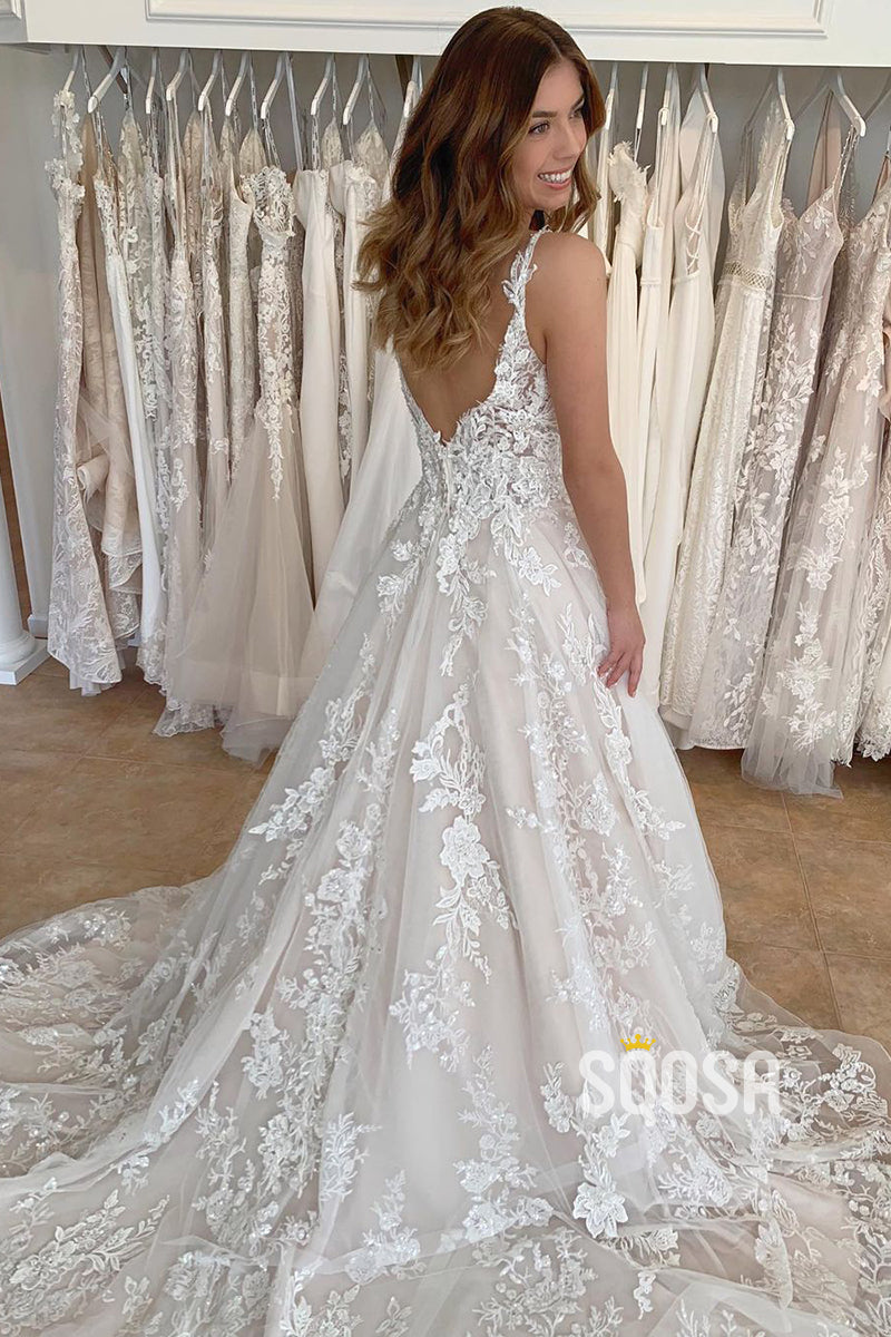 A-line V-neck Tulle Appliques Rustic Wedding Dress QW2698|SQOSA