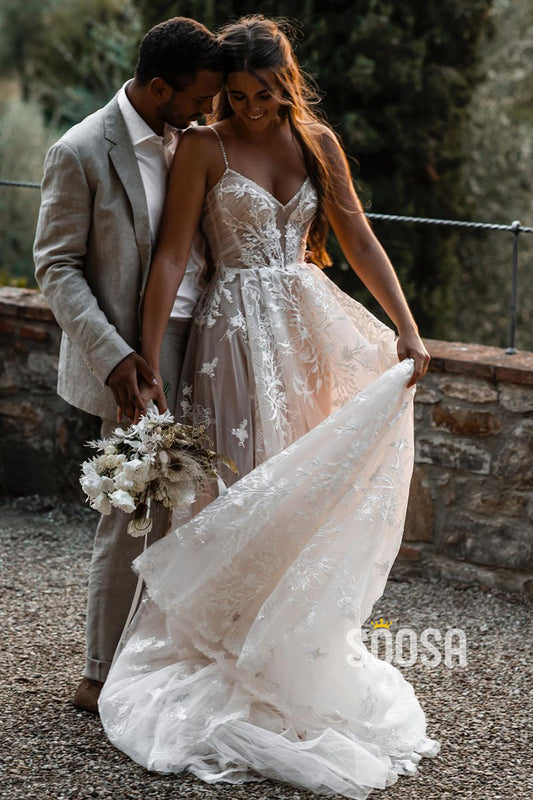 A-line Spaghetti Straps Tulle Appliques Bohemian Wedding Dress QW2690|SQOSA