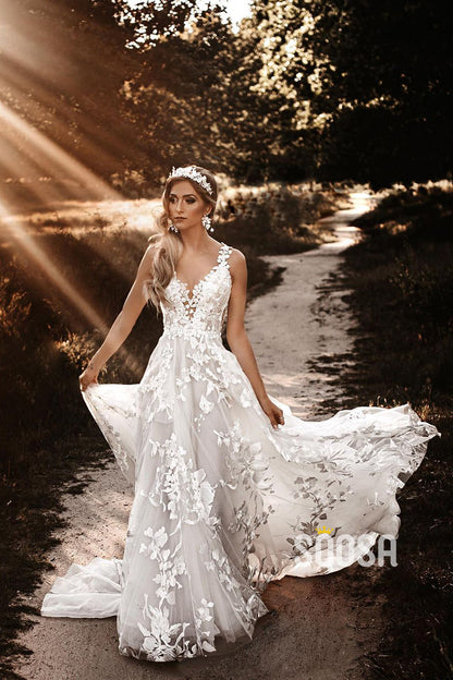 A-line V-neck Appliques Beach Wedding Dress QW2683|SQOSA