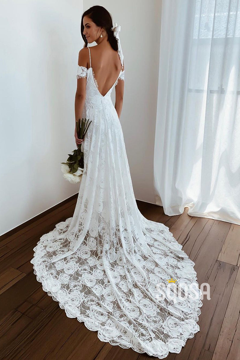 A-line V-neck High Split Allover Lace Bohemian Wedding Dress QW2695|SQOSA