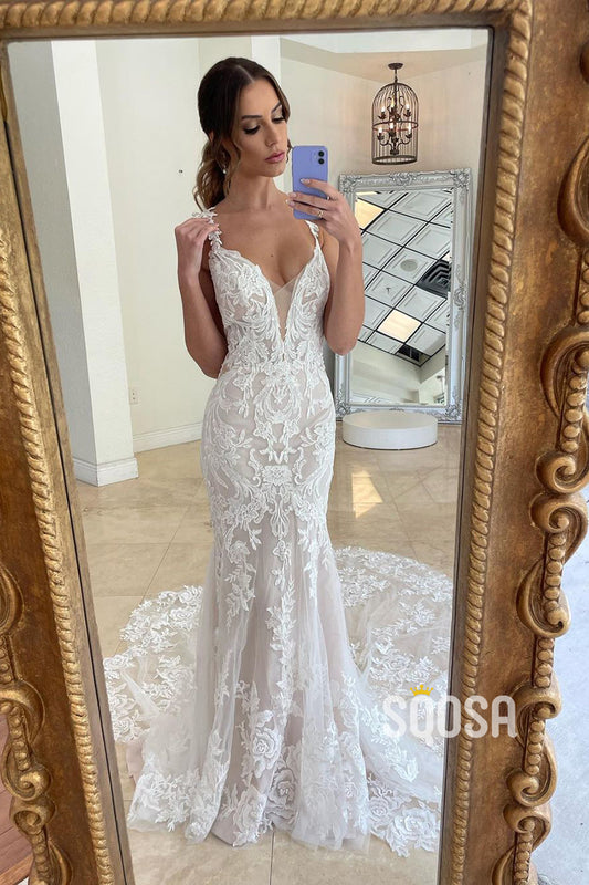 Attractive V-Neck Romantic Lace Appliques Mermaid Wedding Dress QW2090