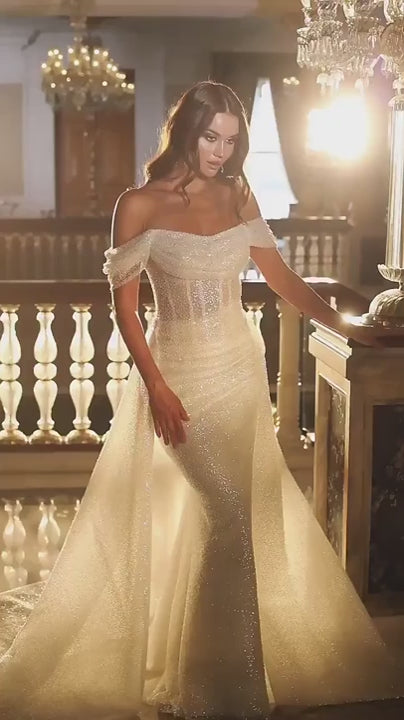 Unique Off the Shoulder Sparkly Mermaid Wedding Dress with Detachable Train QW2670