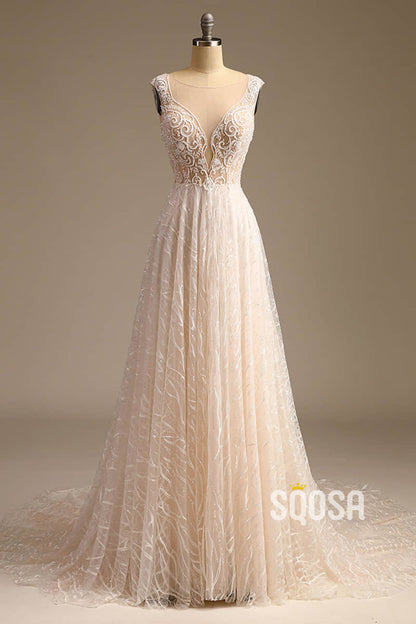 Illusion Neckline Exquisite Champagne Lace Beaded A-line Wedding Dress QW2500|SQOSA