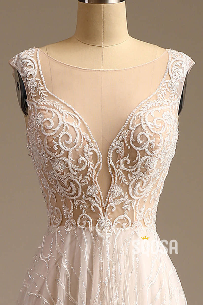 Illusion Neckline Exquisite Champagne Lace Beaded A-line Wedding Dress QW2500|SQOSA