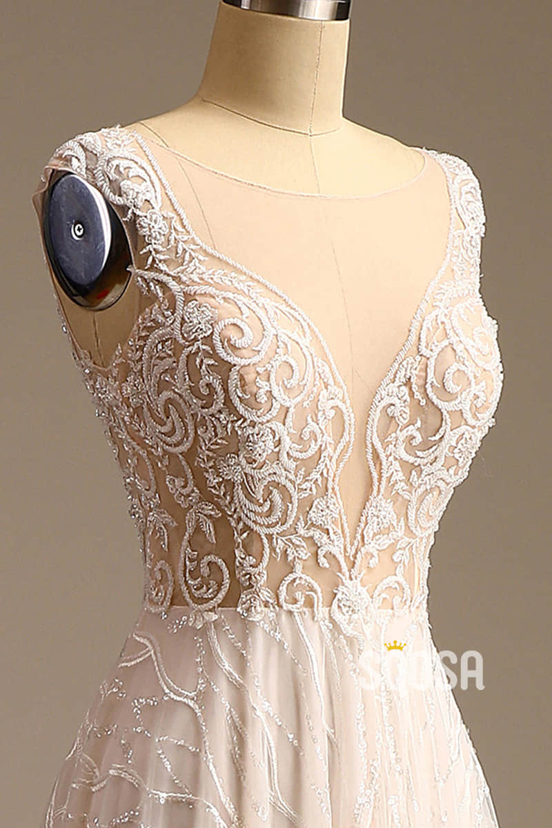 Illusion Neckline Exquisite Champagne Lace Beaded A-line Wedding Dress QW2500|SQOSA