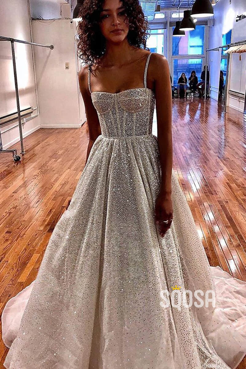 Spaghetti Straps Sequins A-line Sparkly Wedding Dress Bridal Gown QW2513|SQOSA