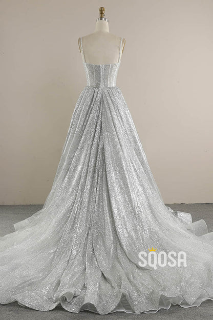 Spaghetti Straps Sequins A-line Sparkly Wedding Dress Bridal Gown QW2513|SQOSA