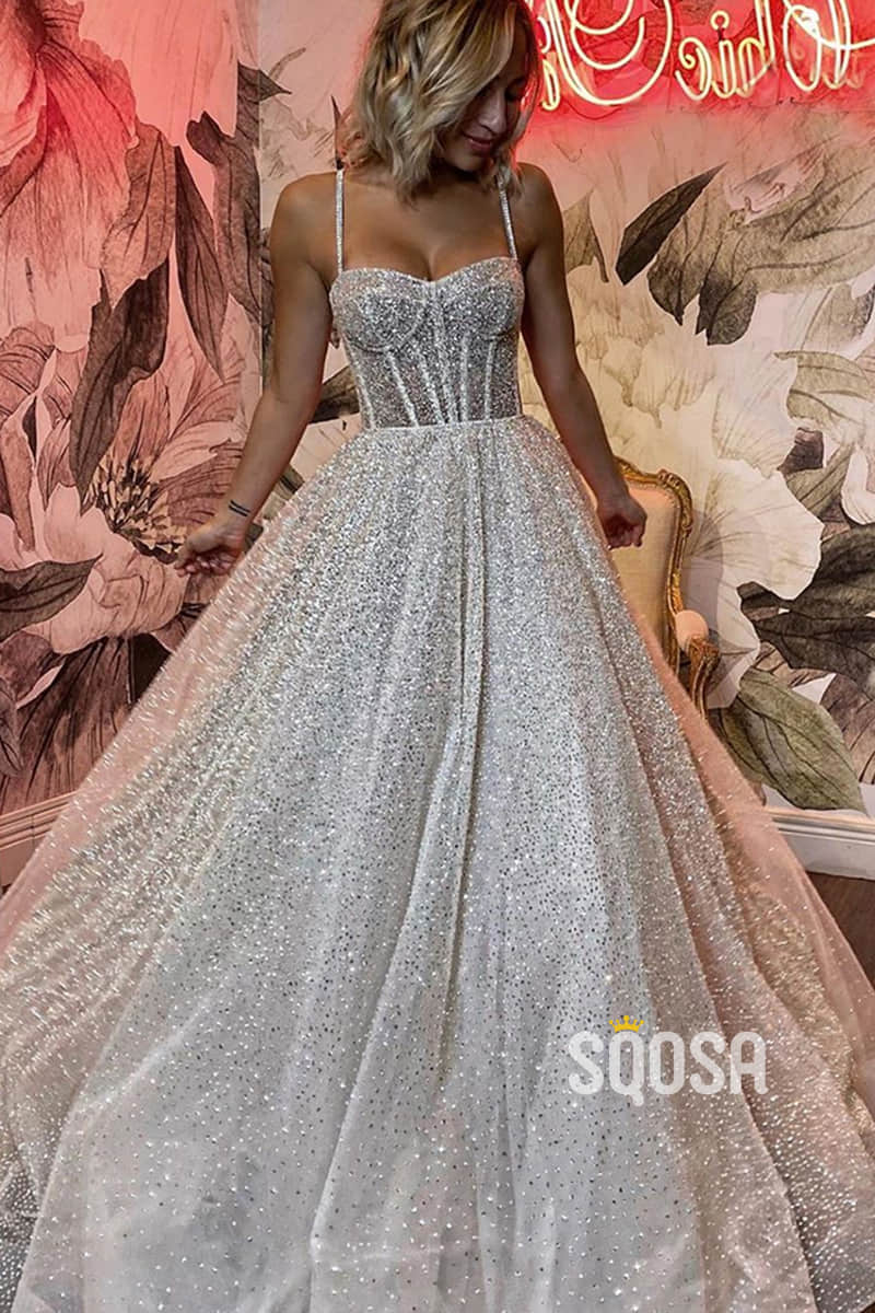 Spaghetti Straps Sequins A-line Sparkly Wedding Dress Bridal Gown QW2513|SQOSA