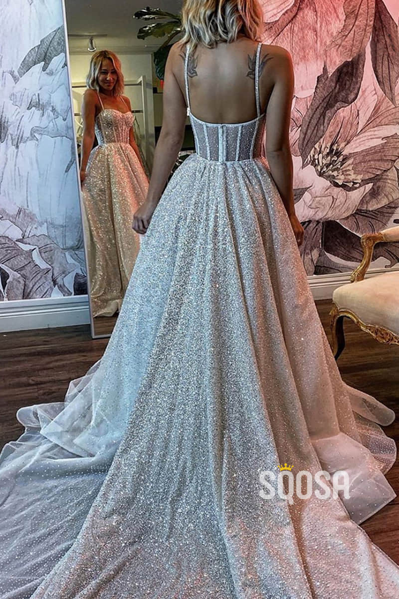 Spaghetti Straps Sequins A-line Sparkly Wedding Dress Bridal Gown QW2513|SQOSA