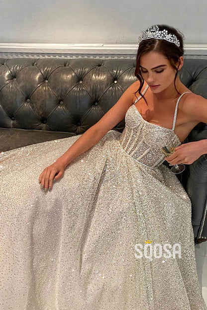 Spaghetti Straps Sequins A-line Sparkly Wedding Dress Bridal Gown QW2513|SQOSA