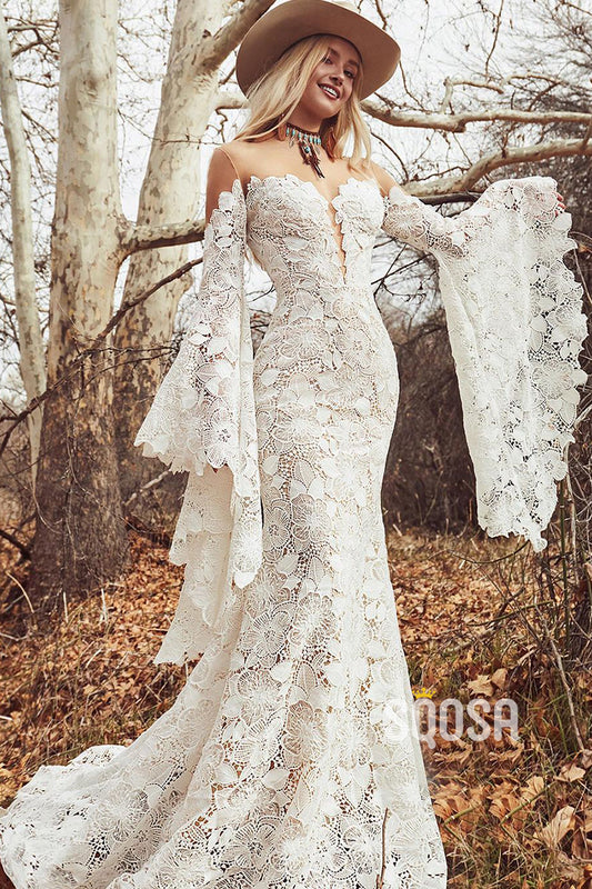 Unique Bat Sleeves Allover Lace Bohemian Wedding Dress QW2681|SQOSA