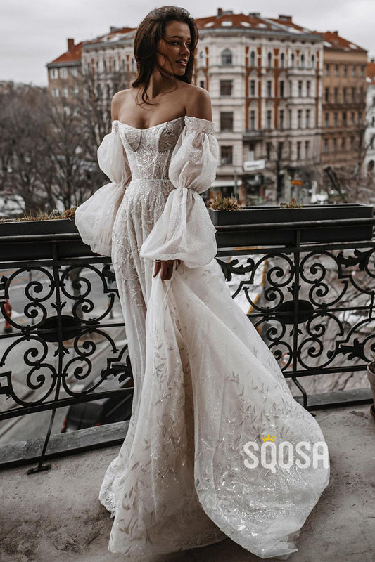 Unique Off-the-Shoulder Lace Wedding Dress Ivory Long Sleeves Bohemian Bridal Gown QW2705|SQOSA