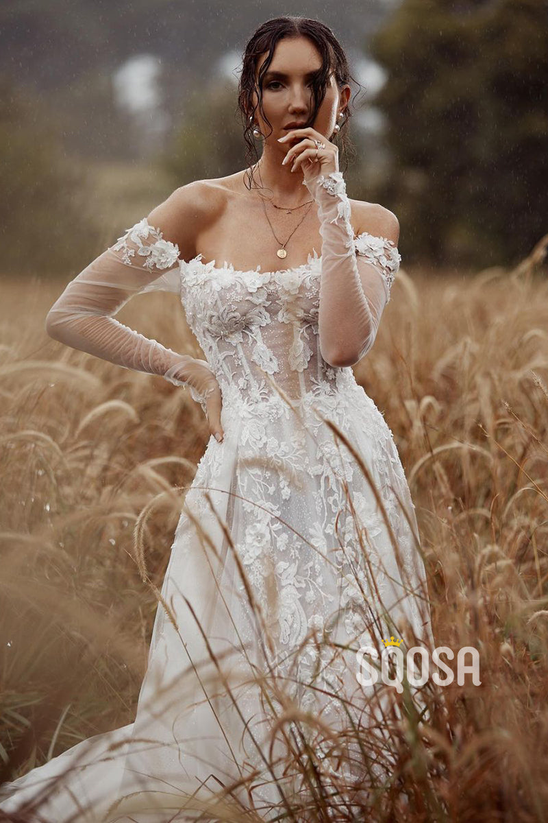 Unique Off-the-Shoulder Appliques A-line Rustic Wedding Dress with Sleeves QW2689|SQOSA