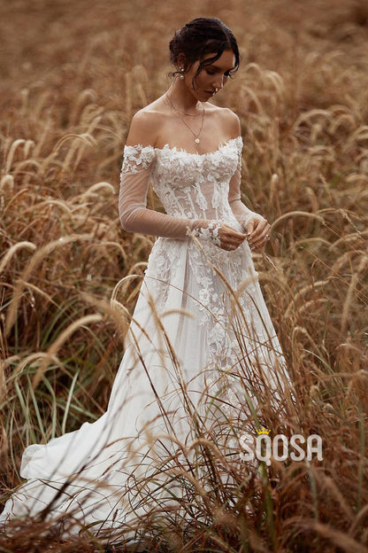 Unique Off-the-Shoulder Appliques A-line Rustic Wedding Dress with Sleeves QW2689|SQOSA