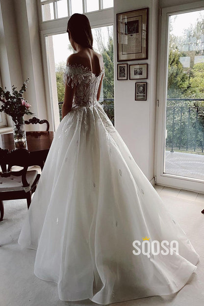 Off Shoulder 3D Applique A-line Rustic Wedding Dresses Bridal Gown QW0825