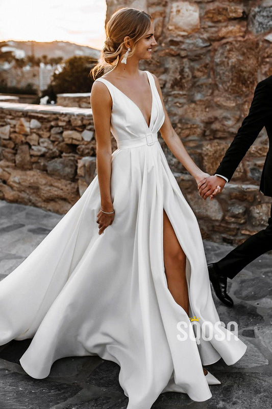 Attractive Deep V-Neck White Satin Bohemian Wedding Dress QW0908|SQOSA