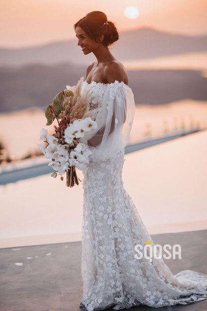 Luxury Lace Bohemian Wedding Dress Off Shoulder Long Sleeves Bridal Gown QW0918|SQOSA