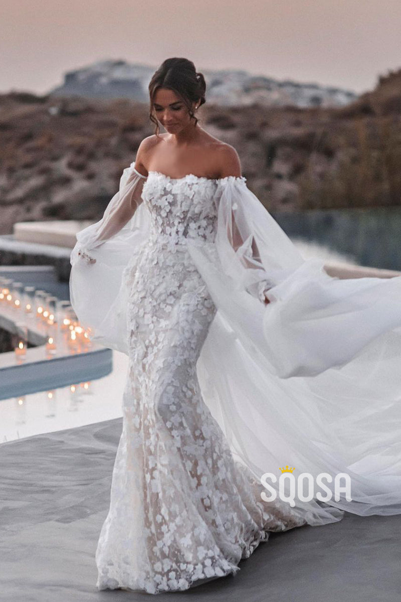 Luxury Lace Bohemian Wedding Dress Off Shoulder Long Sleeves Bridal Gown QW0918|SQOSA