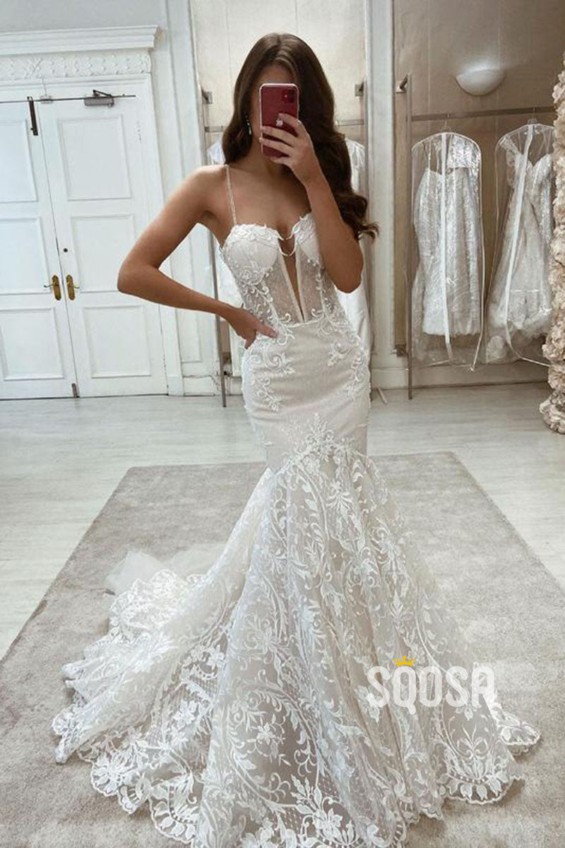 Spaghetti Straps Deep V-Neck Mermaid Lace Wedding Dress Bridal Gown QW0952|SQOSA