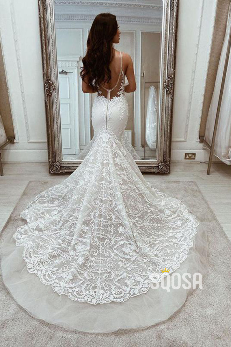 Spaghetti Straps Deep V-Neck Mermaid Lace Wedding Dress Bridal Gown QW0952|SQOSA