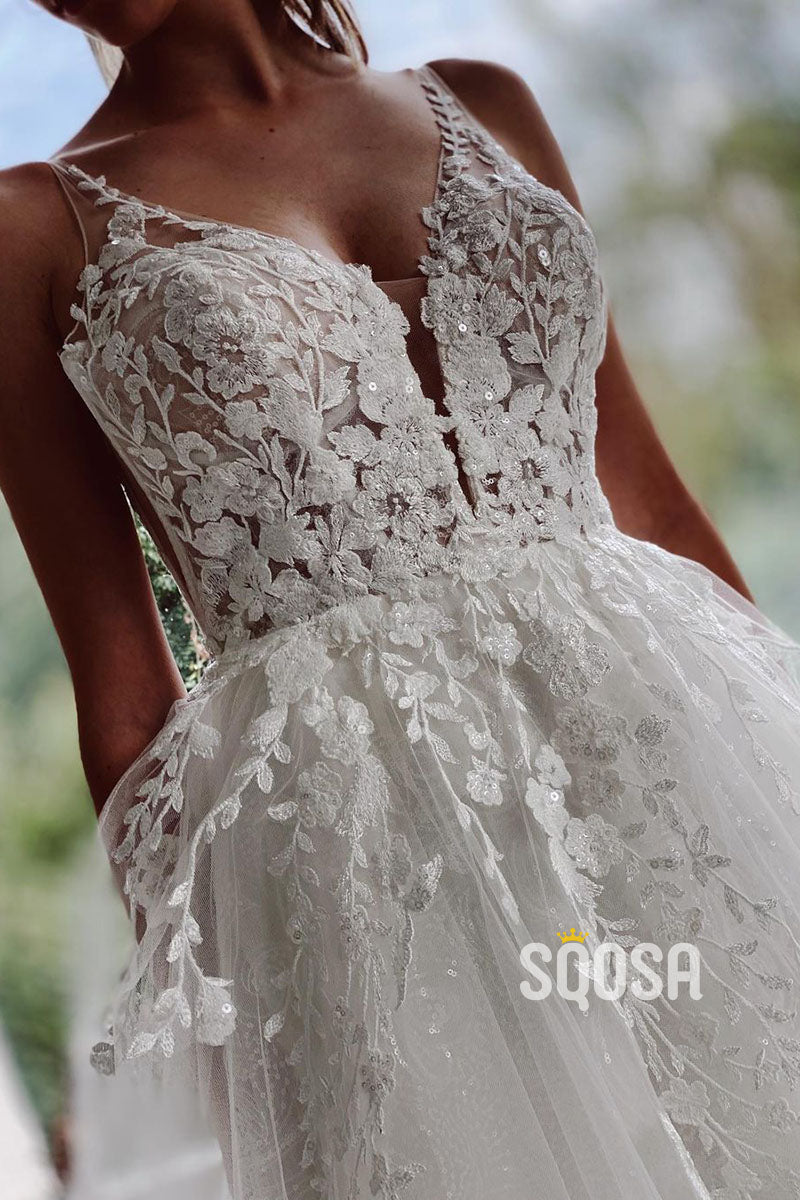 Attractive V-Neck Lace Applique Rustic Wedding Dress Bridal Gown QW2116|SQOSA