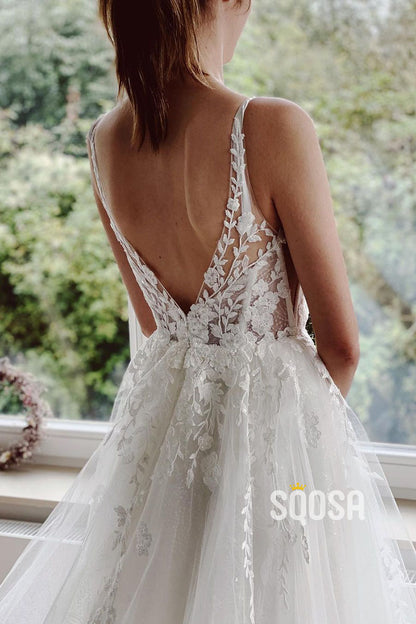 Attractive V-Neck Lace Applique Rustic Wedding Dress Bridal Gown QW2116|SQOSA