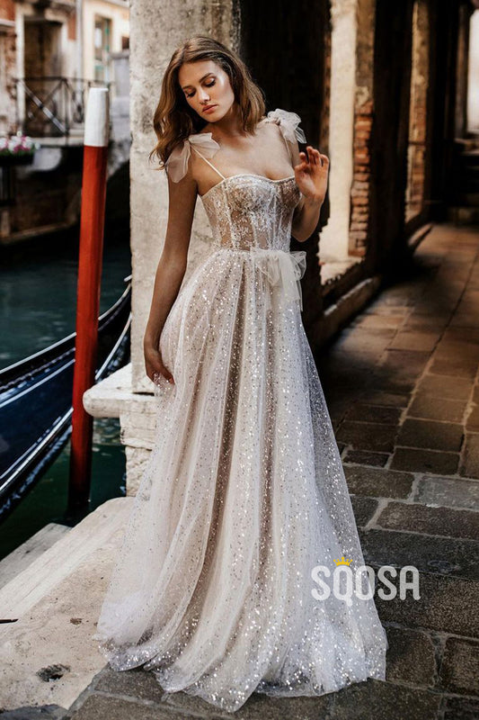 Women's Spaghetti Straps Sequins Bohemian Wedding Dress QW2123|SQOSA