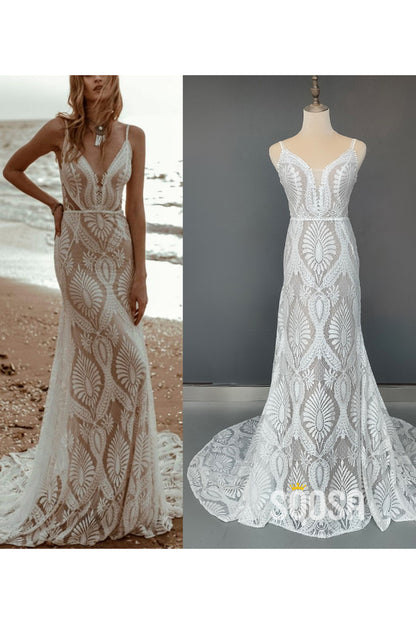 Plunging V-Neck Sheath Lace Bohemian Wedding Dress QW2135