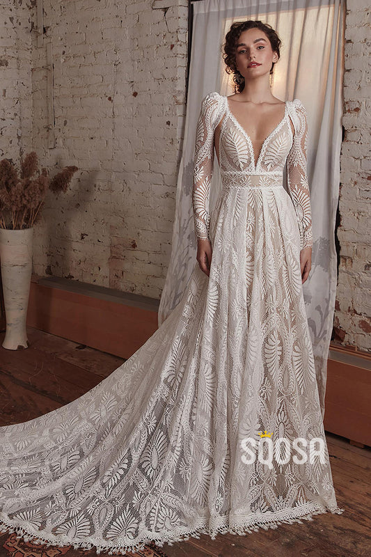 Plunging V-Neck Long Sleeves Romantic Lace Bohemain Wedding Dress Bridal Gown QW2136