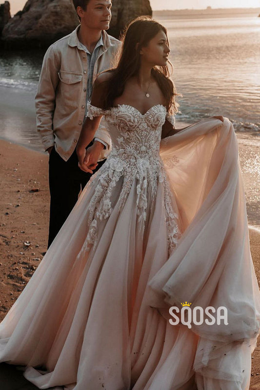 Unique Off the Shoulder Lace Appliques Bohemian Wedding Dress QW2170|SQOSA