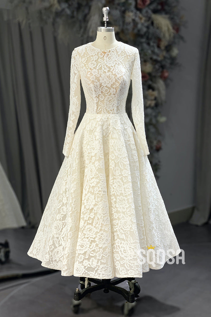 A-line Bateau Allover Lace Vintage Wedding Dress Bridal Gown QW2232