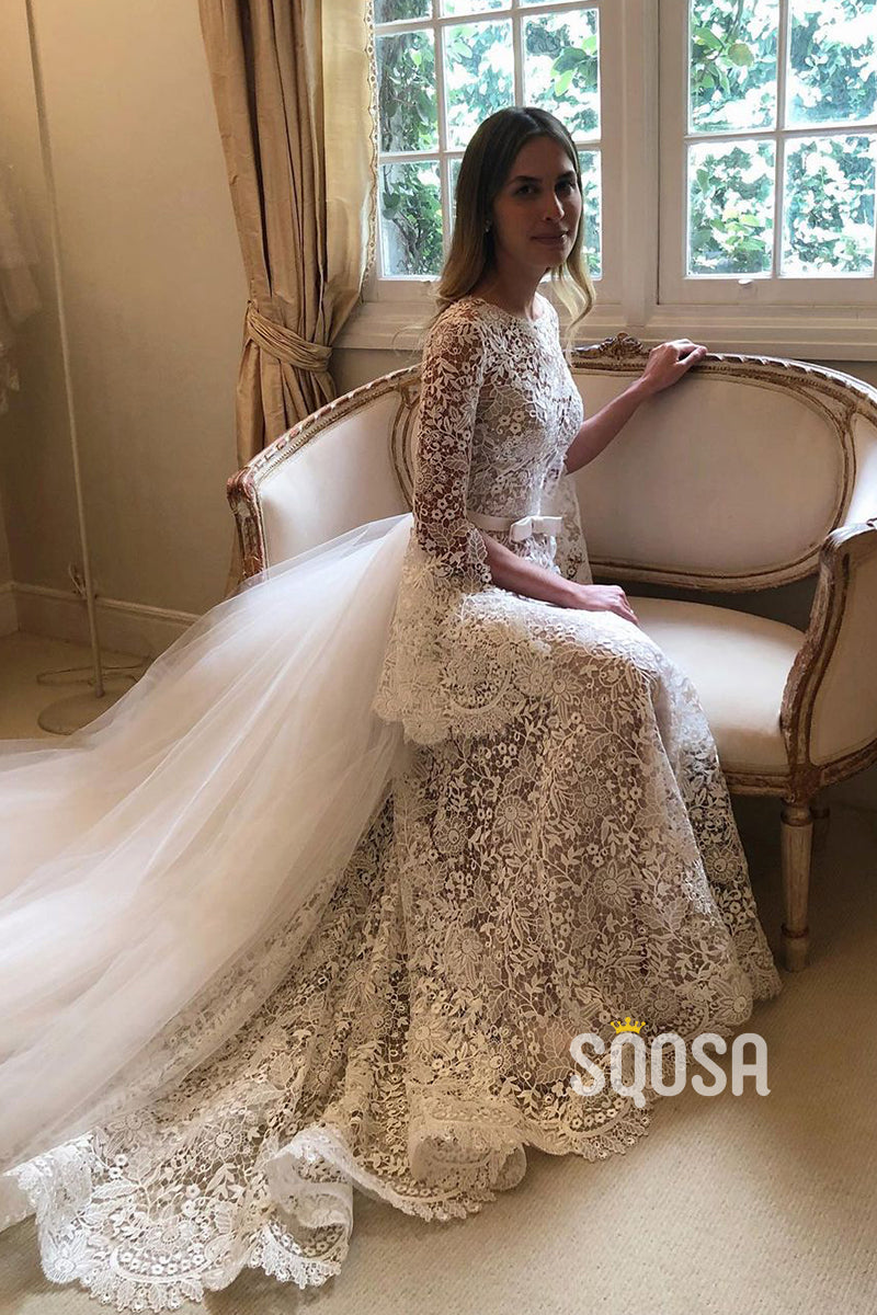 Unique Jewel Romantic Lace Wedding Dress with Sleeves Bridal Gown QW2353|SQOSA