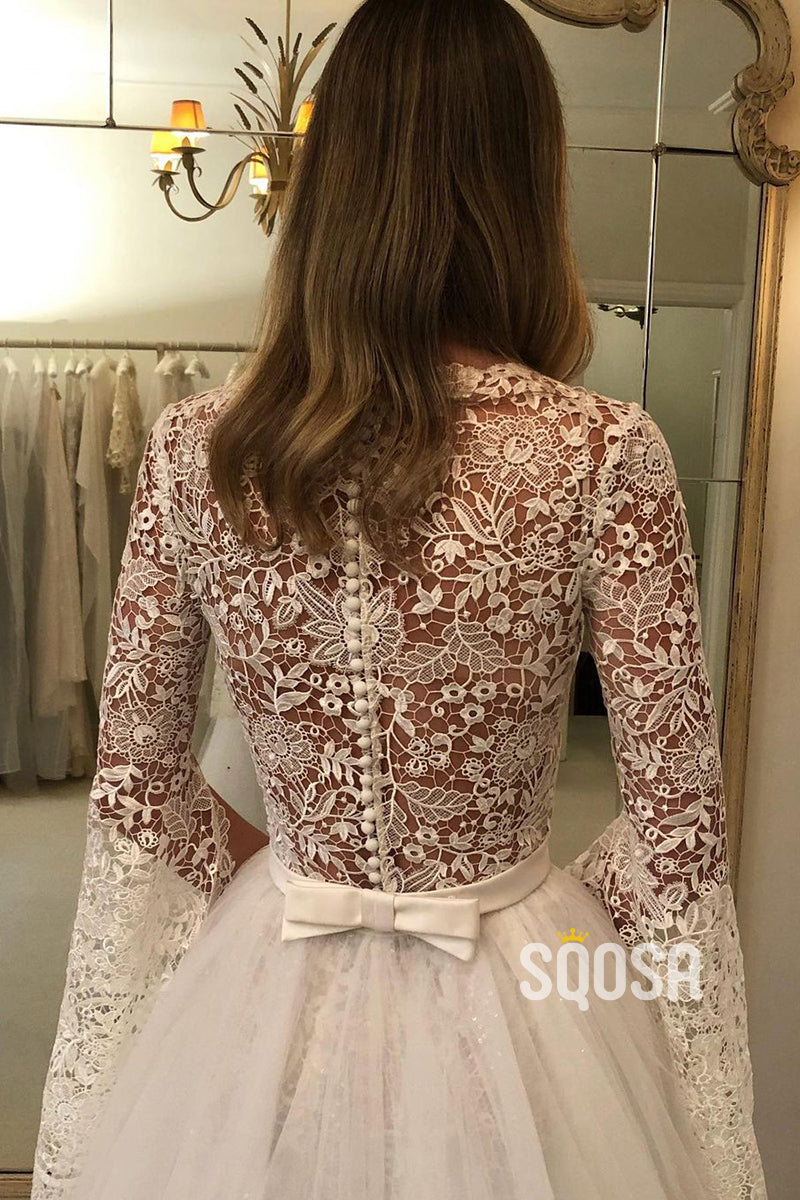 Unique Jewel Romantic Lace Wedding Dress with Sleeves Bridal Gown QW2353|SQOSA