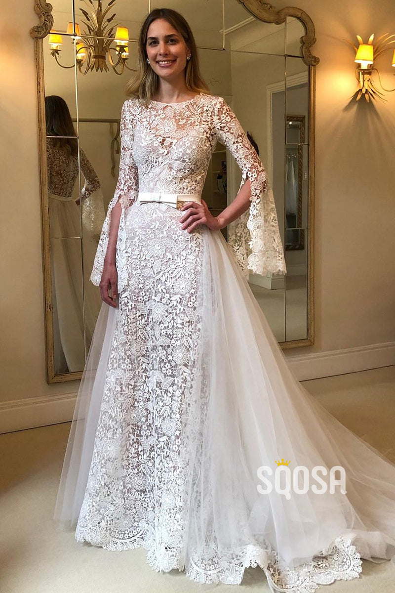 Unique Jewel Romantic Lace Wedding Dress with Sleeves Bridal Gown QW2353|SQOSA